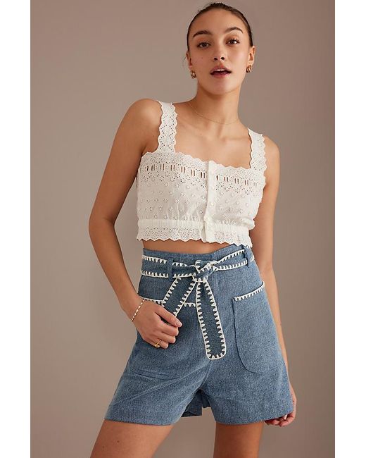 Louise Misha Blue Virgin Embroidered High-waisted Shorts