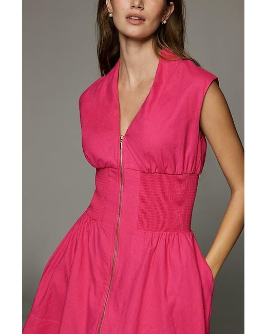 By Anthropologie Pink The Tommie Cap-Sleeve Smocked Front-Zip Shirt Dress: Linen Mini Edition