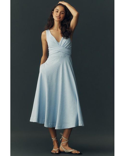 Maeve Blue Sleeveless V-Neck Stripe Seersucker Midi Dress