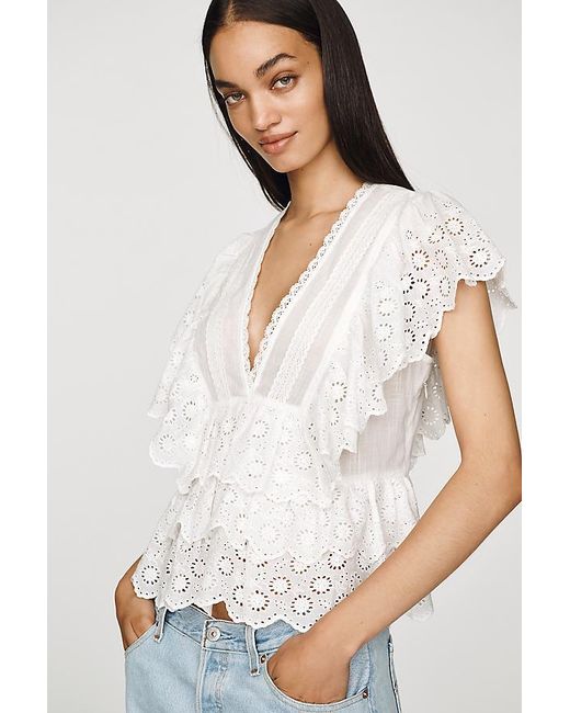 By Anthropologie White Ruffle Eyelet Cotton Poplin Top