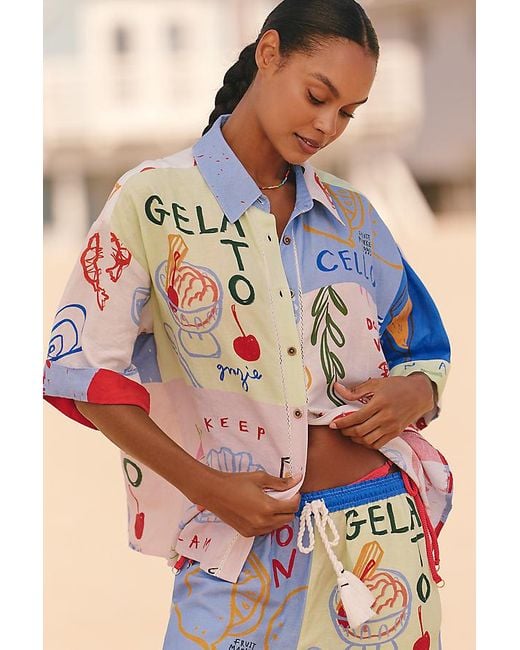 Celandine Blue Jordan Nickson X Linen Block-Print Blouse