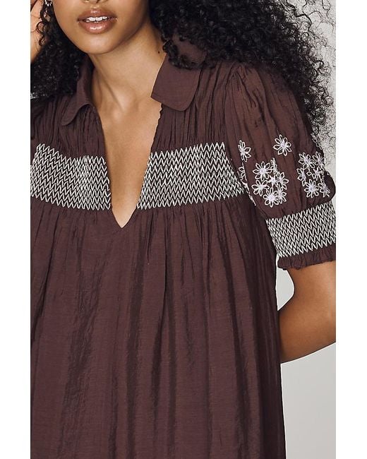 By Anthropologie Brown Puff-Sleeve Mini Dress