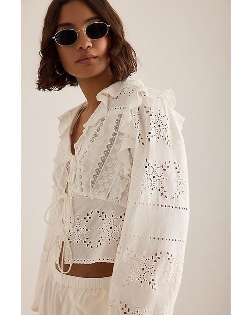By Anthropologie White Ruffle Embroidered Tie-Front Blouse