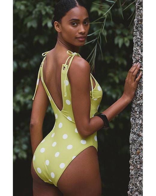 Celandine Green Polka-Dot Plunge One-Piece Swimsuit