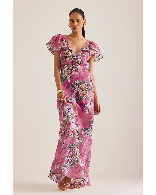By Anthropologie Pink Flutter-Sleeve Linen Maxi Dress