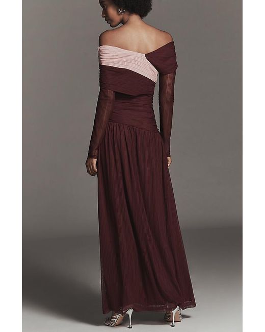 SOVERE Brown Cascade Long-Sleeve Off-Shoulder Mesh Maxi Dress
