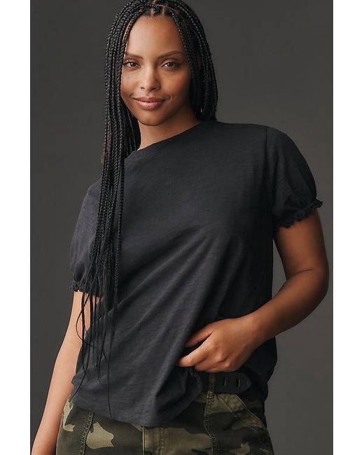 Pilcro Black The Bennie Cotton-Slub Crew-Neck T-Shirt By Puff-Sleeve Edition