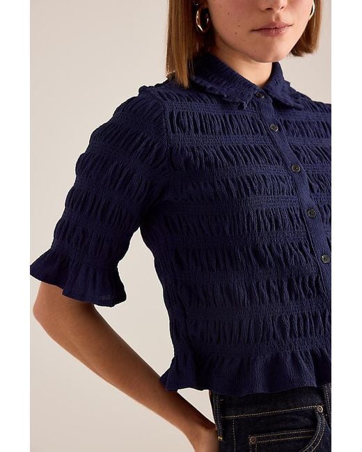 Maeve Blue Ruffle Button-Front Top