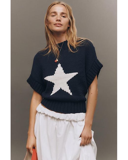 Maeve Blue Mock-Neck Extended Shoulder Knit Sweater Vest