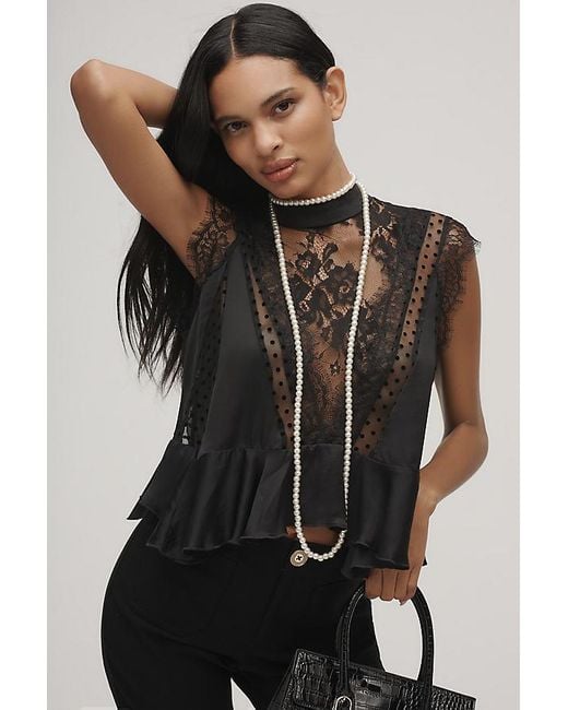 By Anthropologie Black Sheer Lace Peplum Blouse