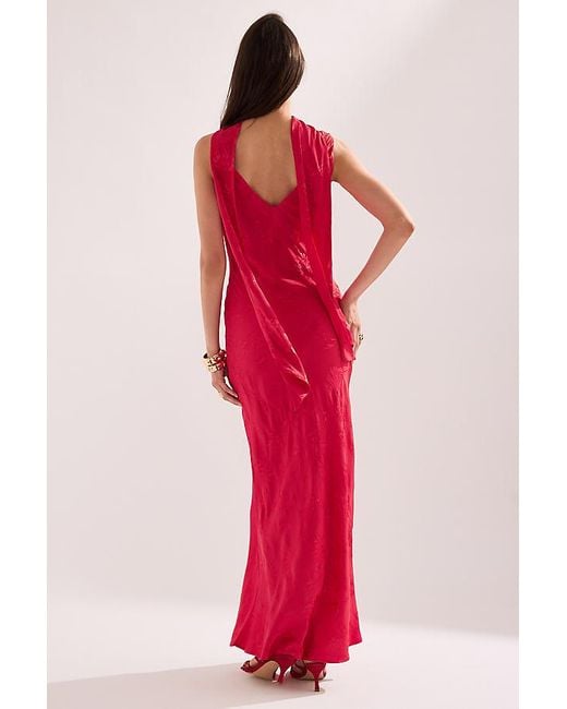 By Anthropologie Red Mindy Floral Jacquard Scarf-Neck Maxi Dress