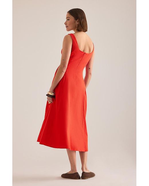 By Anthropologie Red Livy Cotton-Linen Hourglass Midi Dress