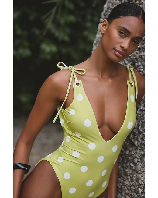 Celandine Green Polka-Dot Plunge One-Piece Swimsuit