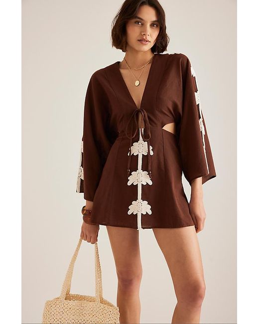 Celandine Brown Palm Cutout Mini Kaftan