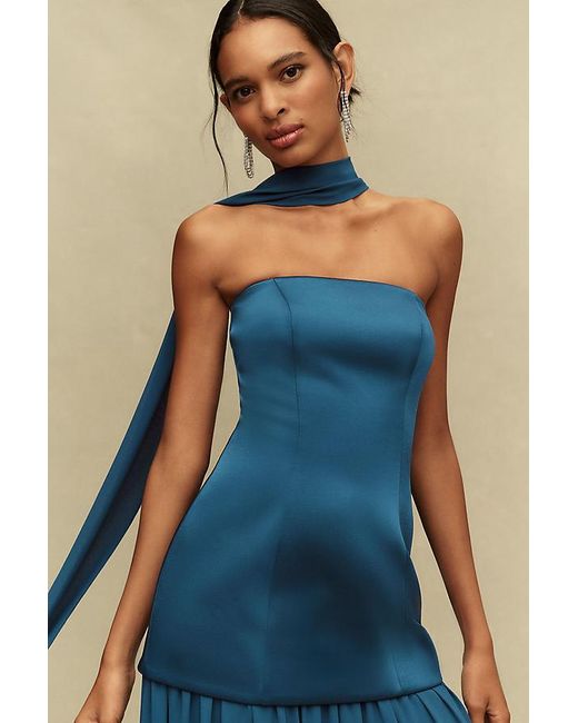 Mare Mare Blue Natalie Strapless Stretch Satin Chiffon Maxi Dress