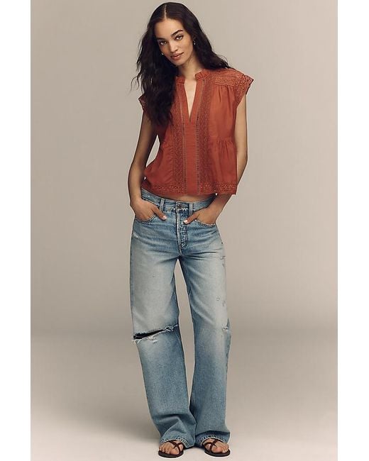 By Anthropologie Red Short-Sleeve Lace-Trim Swing Blouse