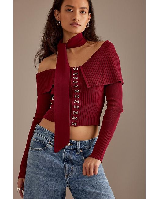 House Of Sunny Red One Love Asymmetric Scarf Top