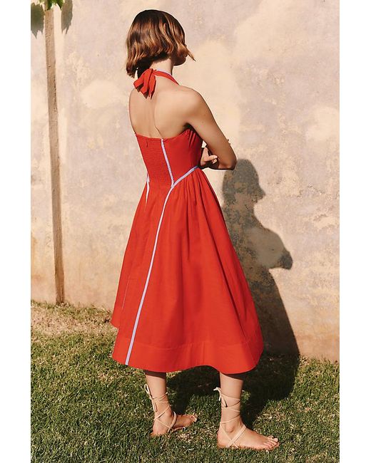 By Anthropologie Red Halter V-Neck Fit & Flare Midi Dress