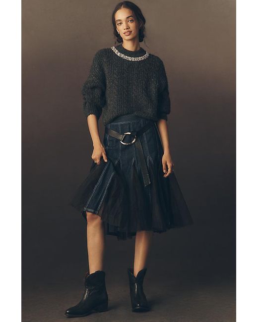 Pilcro Blue Tulle Godet Denim Mid Skirt