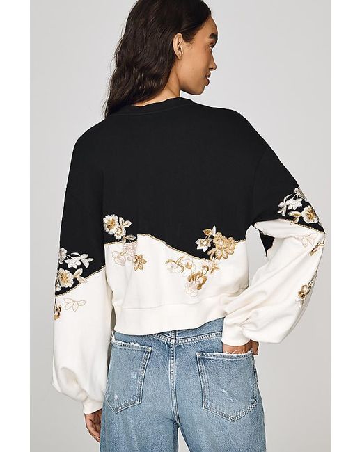 By Anthropologie Gray 100% Cotton Embroidered Sweatshirt
