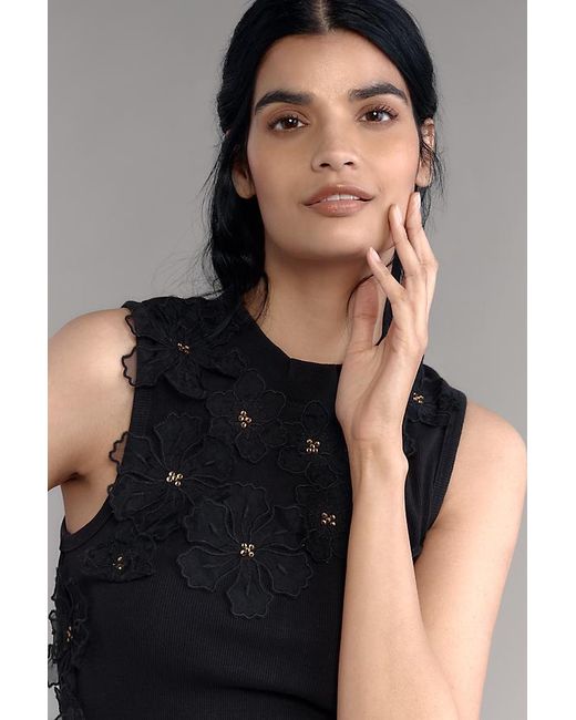 By Anthropologie Black 3D Floral Applique Sleeveless Top