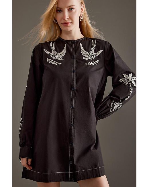 Never Fully Dressed Black Embroidered Swallow Romance Mini Dress