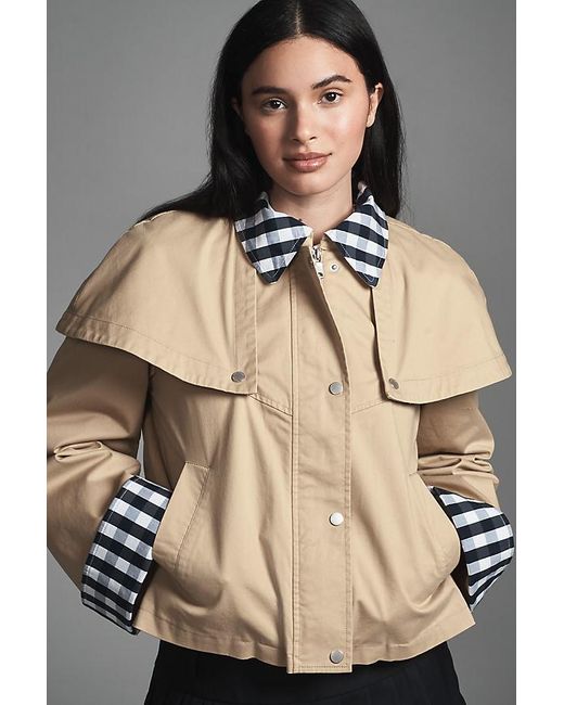 Avec Les Filles Natural Gingham-Trim Cape Jacket