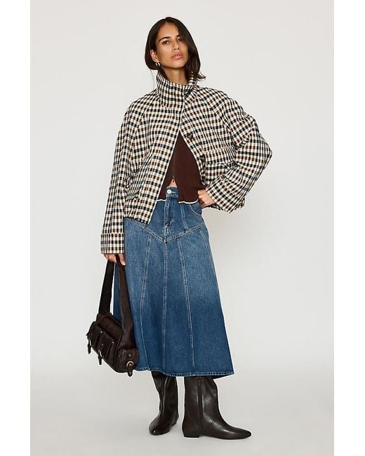 By Anthropologie Blue Check Cropped Trench Coat