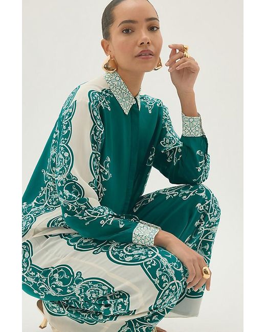 By Anthropologie Green Silky Printed Wide-Leg Trousers