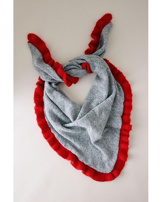 By Anthropologie Red Large Frill-Edge Knit Triangle Scarf