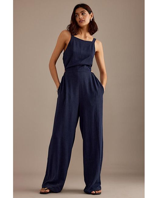 Anthropologie Blue Parker Sleeveless Cutout Linen-blend Jumpsuit