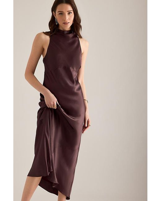 By Anthropologie Purple Milly Satin High-Neck Midi Dress