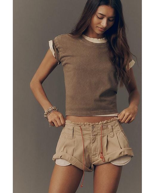 Pilcro Brown Pleated Tie-Detail Mini Shorts