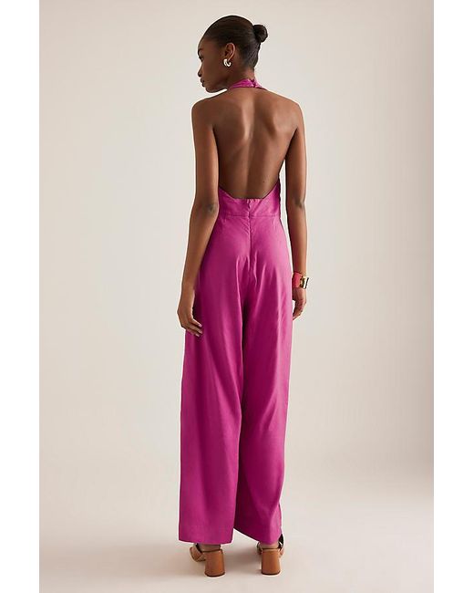Maeve Pink Linen Halter Bow Jumpsuit