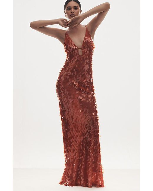 Misha Red Sapphire Sequin Plunge Maxi Gown