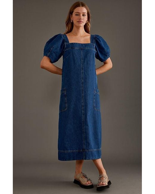 ALIGNE Blue Sonia Puff-sleeve Square-neck Denim Midi Dress