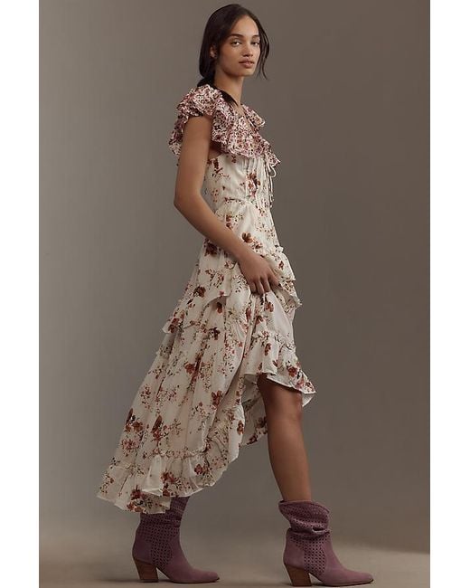 Maeve Ruffle-Sleeve V-Neck Lace-Up Midi Dress in Brown | Lyst UK