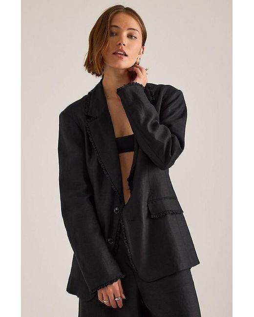 OperaSPORT Black Gia Ruffle Linen-Blend Blazer