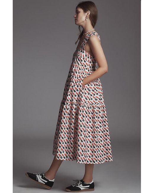 By Anthropologie Natural Square-Neck Tiered Babydoll Dress
