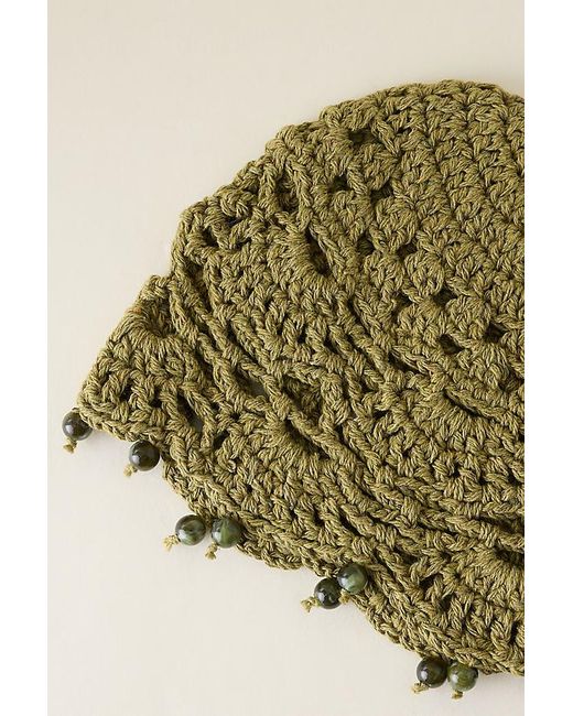 By Anthropologie Green Crochet Beaded Skull Cap