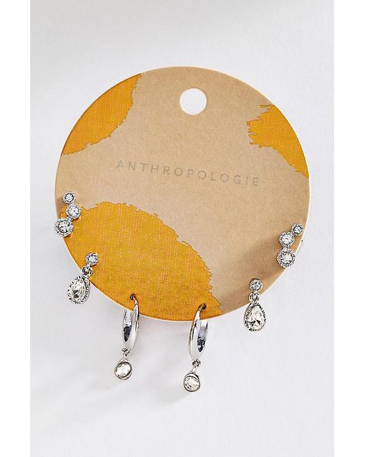 By Anthropologie White Crystal Stud & Hoop Earrings, Set Of 3