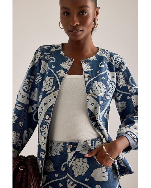 Never Fully Dressed Blue Amara Collarless Printed Denim Jacket
