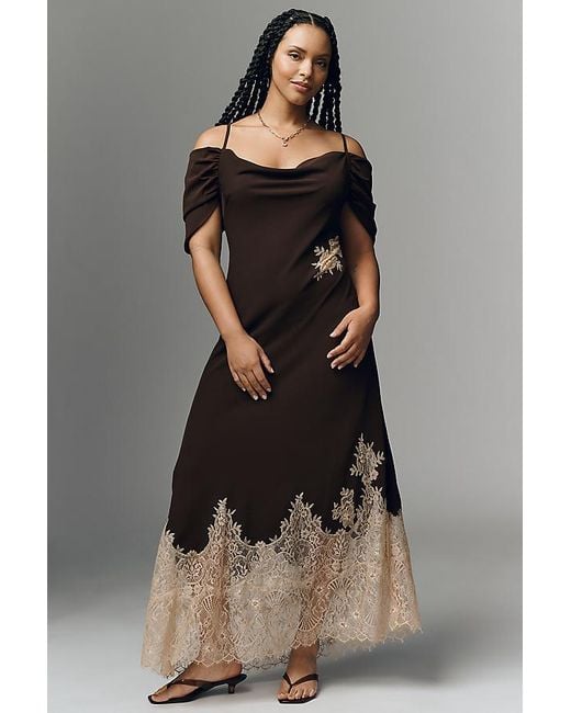 Bl-nk Black Satin Off-Shoulder Lace Midi Dress