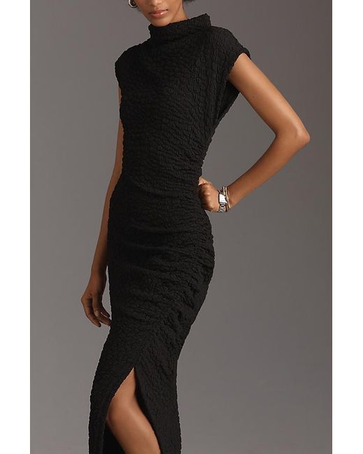 By Anthropologie Black Cowl-Neck Textured Column Midi Dress