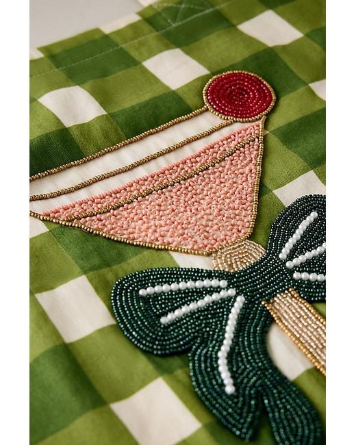 By Anthropologie Green Beaded Icon Canvas Tote Bag