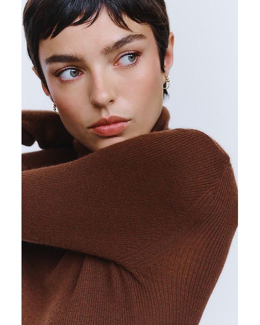 Maeve Brown 100% Cashmere Ribbed Turtleneck Top