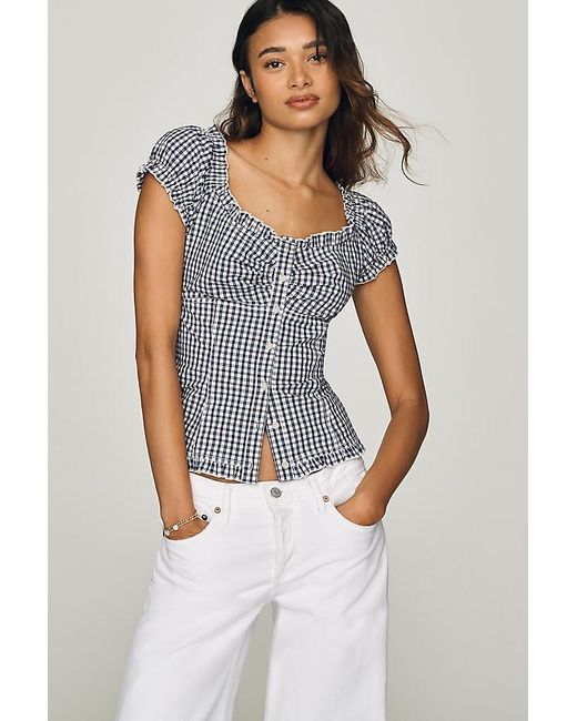 Pilcro Blue Cap-Sleeve Waisted Blouse