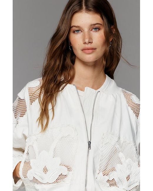By Anthropologie Natural Floral Embroidered Bomber Jacket