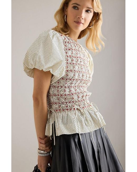 Damson Madder Natural Audrey Smocked Embroidered Cotton Poplin Blouse
