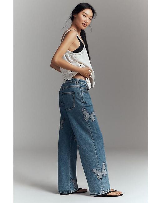 Pilcro Blue Butterfly Low-Slung Wide-Leg Jeans
